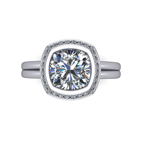 Maggie cushion halo engagement ring in 14K White Gold, top-down view showing the center diamond ringed by the pav&eacute; halo and bezel frame