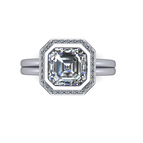 Maggie asscher halo engagement ring in Platinum, top-down view showing the center diamond ringed by the pav&eacute; halo and bezel frame