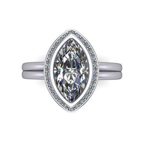 Maggie marquise halo engagement ring in 14K White Gold, top-down view showing the center diamond ringed by the pav&eacute; halo and bezel frame
