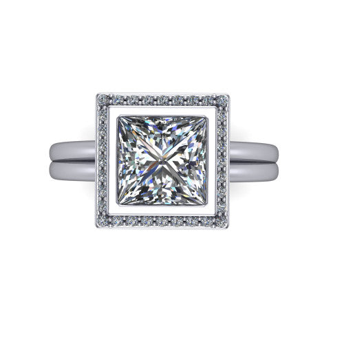 Maggie princess halo engagement ring in Platinum, top-down view showing the center diamond ringed by the pav&eacute; halo and bezel frame
