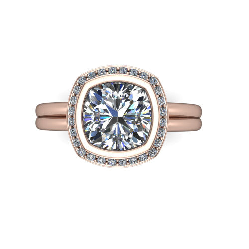 Maggie cushion halo engagement ring in 14K Rose Gold, top-down view showing the center diamond ringed by the pav&eacute; halo and bezel frame