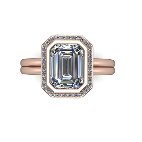 Maggie emerald halo engagement ring in 18K Rose Gold, top-down view showing the center diamond ringed by the pav&eacute; halo and bezel frame