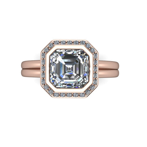 Maggie asscher halo engagement ring in 18K Rose Gold, top-down view showing the center diamond ringed by the pav&eacute; halo and bezel frame