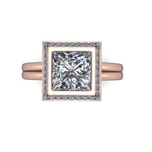 Maggie princess halo engagement ring in 14K Rose Gold, top-down view showing the center diamond ringed by the pav&eacute; halo and bezel frame