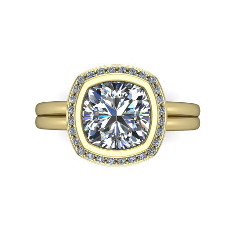Maggie cushion halo engagement ring in 18K Yellow Gold, top-down view showing the center diamond ringed by the pav&eacute; halo and bezel frame