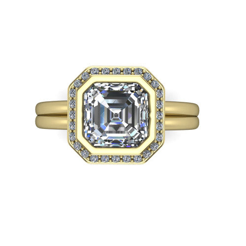 Maggie asscher halo engagement ring in 14K Yellow Gold, top-down view showing the center diamond ringed by the pav&eacute; halo and bezel frame