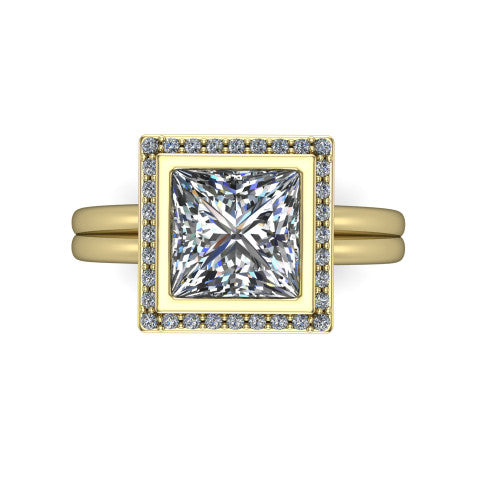 Maggie princess halo engagement ring in 14K Yellow Gold, top-down view showing the center diamond ringed by the pav&eacute; halo and bezel frame
