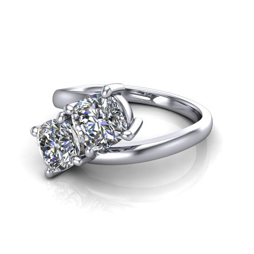 Adelaide cushion three stone engagement ring in 14K White Gold, three-quarter perspective showing two diamonds set corner to corner on a slim polished bypass band