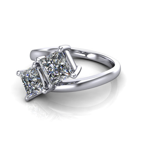 Adelaide princess three stone engagement ring in Platinum, three-quarter perspective showing two diamonds set corner to corner on a slim polished bypass band
