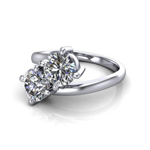 Adelaide round three stone engagement ring in 14K White Gold, three-quarter perspective showing two diamonds set corner to corner on a slim polished bypass band
