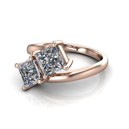 Adelaide princess three stone engagement ring in 18K Rose Gold, three-quarter perspective showing two diamonds set corner to corner on a slim polished bypass band