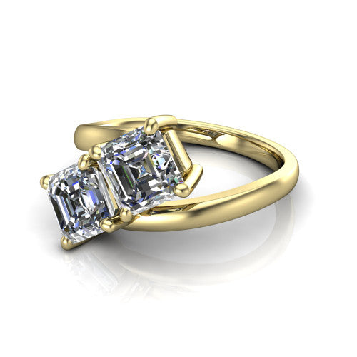Adelaide asscher three stone engagement ring in 18K Yellow Gold, three-quarter perspective showing two diamonds set corner to corner on a slim polished bypass band