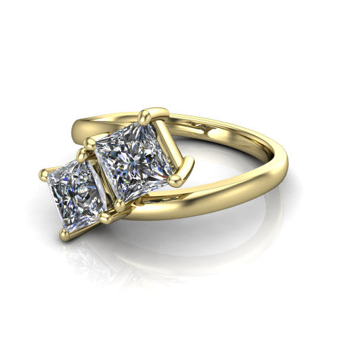 Adelaide princess three stone engagement ring in 18K Yellow Gold, three-quarter perspective showing two diamonds set corner to corner on a slim polished bypass band