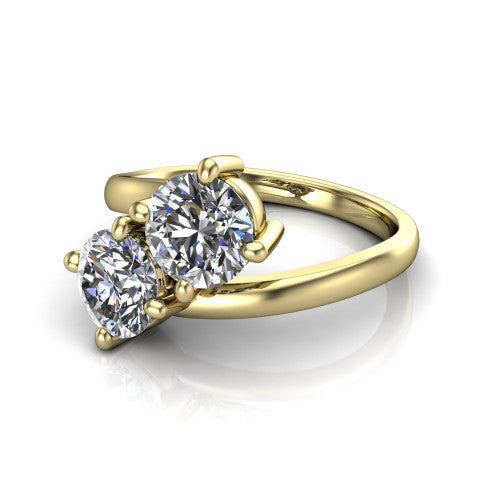 Adelaide round three stone engagement ring in 14K Yellow Gold, three-quarter perspective showing two diamonds set corner to corner on a slim polished bypass band
