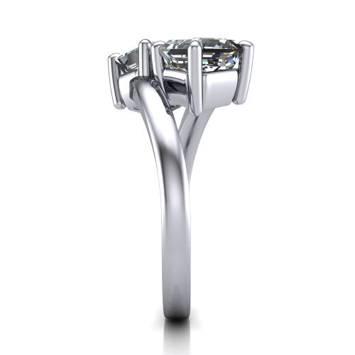 Adelaide asscher three stone engagement ring in 18K White Gold, side profile showing the slim single bypass band swirling beneath the two-stone head