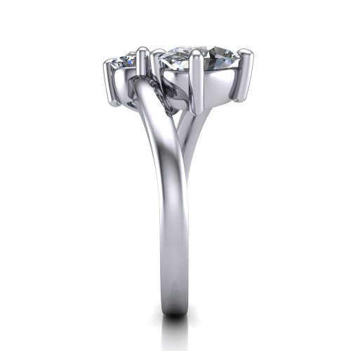 Adelaide oval three stone engagement ring in Platinum, side profile showing the slim single bypass band swirling beneath the two-stone head