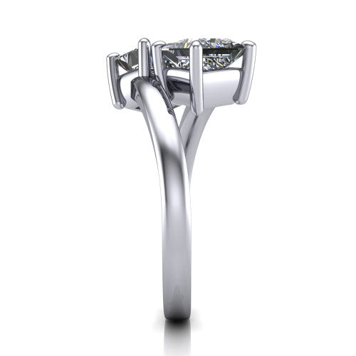 Adelaide princess three stone engagement ring in Platinum, side profile showing the slim single bypass band swirling beneath the two-stone head