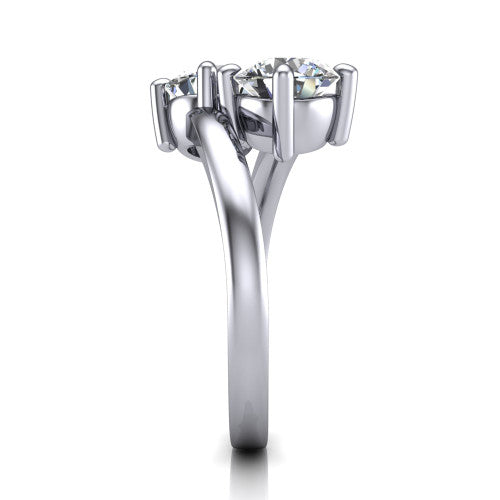 Adelaide round three stone engagement ring in 14K White Gold, side profile showing the slim single bypass band swirling beneath the two-stone head