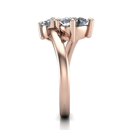 Adelaide oval three stone engagement ring in 14K Rose Gold, side profile showing the slim single bypass band swirling beneath the two-stone head