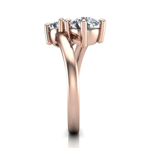 Adelaide round three stone engagement ring in 18K Rose Gold, side profile showing the slim single bypass band swirling beneath the two-stone head