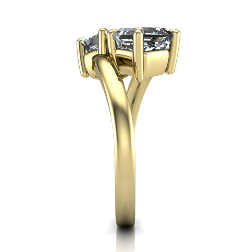 Adelaide asscher three stone engagement ring in 14K Yellow Gold, side profile showing the slim single bypass band swirling beneath the two-stone head
