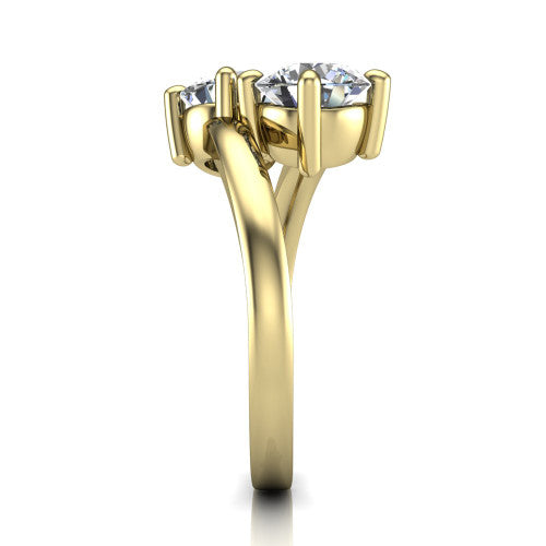 Adelaide round three stone engagement ring in 18K Yellow Gold, side profile showing the slim single bypass band swirling beneath the two-stone head