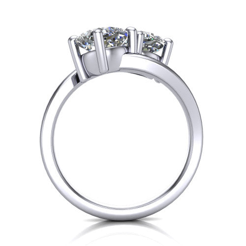 Adelaide cushion three stone engagement ring in 14K White Gold, through-finger front profile showing the two-stone head raised above the slim polished band