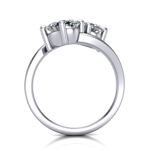 Adelaide oval three stone engagement ring in 18K White Gold, through-finger front profile showing the two-stone head raised above the slim polished band