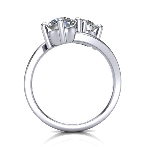 Adelaide round three stone engagement ring in Platinum, through-finger front profile showing the two-stone head raised above the slim polished band