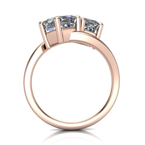 Adelaide asscher three stone engagement ring in 14K Rose Gold, through-finger front profile showing the two-stone head raised above the slim polished band