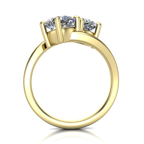 Adelaide cushion three stone engagement ring in 18K Yellow Gold, through-finger front profile showing the two-stone head raised above the slim polished band