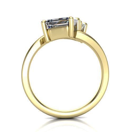Adelaide emerald three stone engagement ring in 14K Yellow Gold, through-finger front profile showing the two-stone head raised above the slim polished band