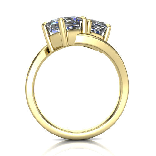 Adelaide asscher three stone engagement ring in 14K Yellow Gold, through-finger front profile showing the two-stone head raised above the slim polished band