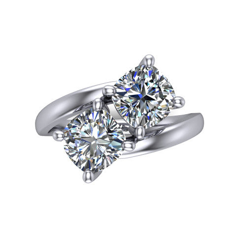 Adelaide cushion three stone engagement ring in 18K White Gold, top-down view showing the two diamonds in a toi et moi arrangement above the slim bypass band