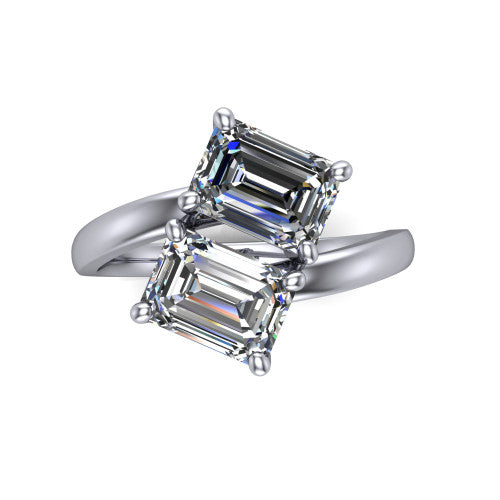 Adelaide emerald three stone engagement ring in 14K White Gold, top-down view showing the two diamonds in a toi et moi arrangement above the slim bypass band