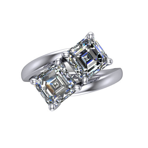 Adelaide asscher three stone engagement ring in 14K White Gold, top-down view showing the two diamonds in a toi et moi arrangement above the slim bypass band