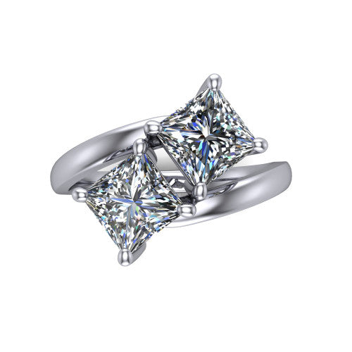 Adelaide princess three stone engagement ring in Platinum, top-down view showing the two diamonds in a toi et moi arrangement above the slim bypass band