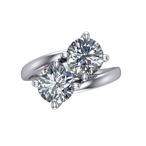 Adelaide round three stone engagement ring in 18K White Gold, top-down view showing the two diamonds in a toi et moi arrangement above the slim bypass band