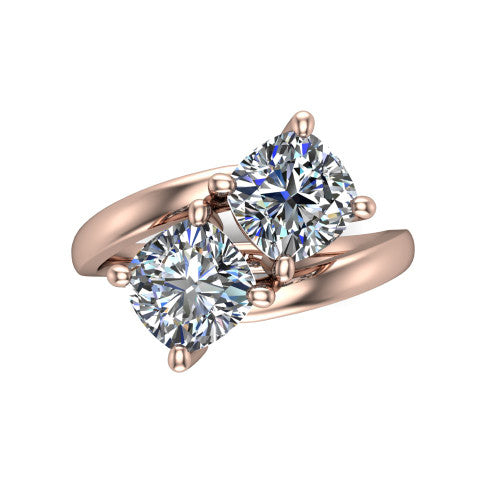 Adelaide cushion three stone engagement ring in 14K Rose Gold, top-down view showing the two diamonds in a toi et moi arrangement above the slim bypass band