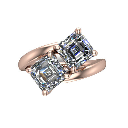 Adelaide asscher three stone engagement ring in 18K Rose Gold, top-down view showing the two diamonds in a toi et moi arrangement above the slim bypass band
