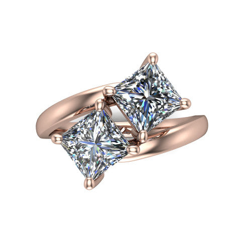 Adelaide princess three stone engagement ring in 14K Rose Gold, top-down view showing the two diamonds in a toi et moi arrangement above the slim bypass band