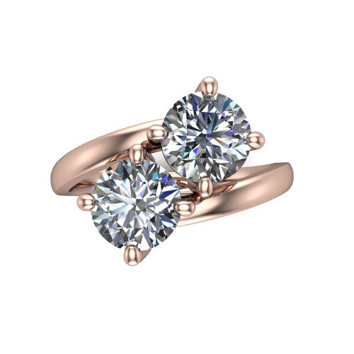 Adelaide round three stone engagement ring in 14K Rose Gold, top-down view showing the two diamonds in a toi et moi arrangement above the slim bypass band