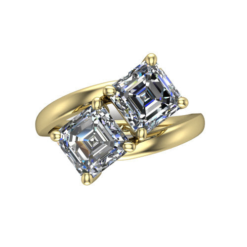 Adelaide asscher three stone engagement ring in 14K Yellow Gold, top-down view showing the two diamonds in a toi et moi arrangement above the slim bypass band