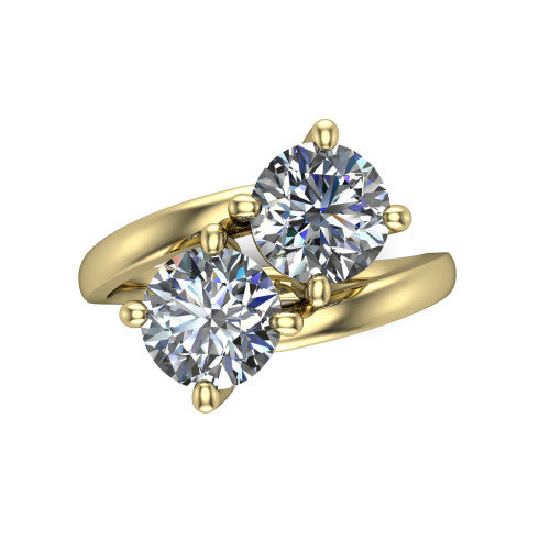 Adelaide round three stone engagement ring in 18K Yellow Gold, top-down view showing the two diamonds in a toi et moi arrangement above the slim bypass band