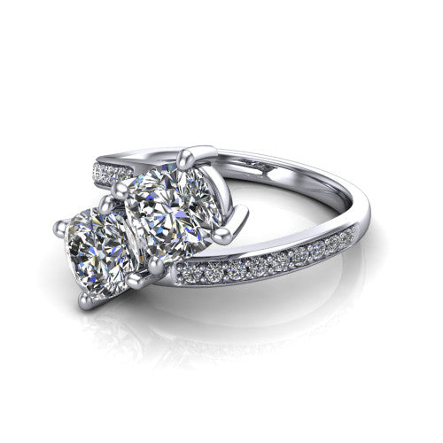 Payton cushion three stone engagement ring in 14K White Gold, three-quarter perspective showing two diamonds set corner to corner above a pav&eacute; bypass split shank