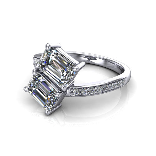 Payton emerald three stone engagement ring in 14K White Gold, three-quarter perspective showing two diamonds set corner to corner above a pav&eacute; bypass split shank