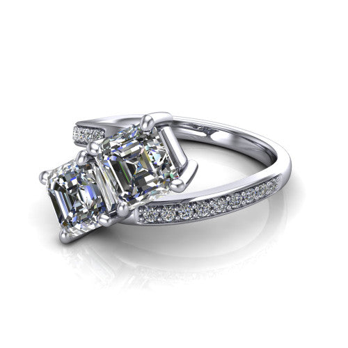 Payton asscher three stone engagement ring in 14K White Gold, three-quarter perspective showing two diamonds set corner to corner above a pav&eacute; bypass split shank