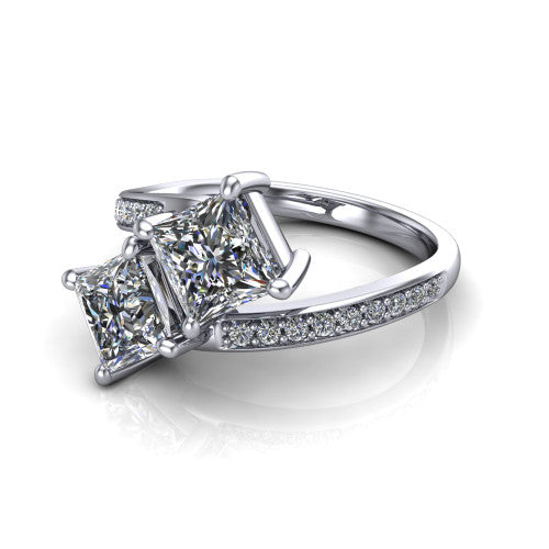 Payton princess three stone engagement ring in 18K White Gold, three-quarter perspective showing two diamonds set corner to corner above a pav&eacute; bypass split shank
