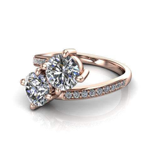 Payton round three stone engagement ring in 18K Rose Gold, three-quarter perspective showing two diamonds set corner to corner above a pav&eacute; bypass split shank