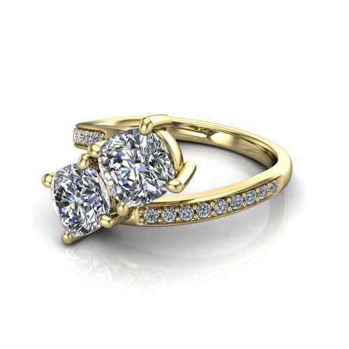 Payton cushion three stone engagement ring in 18K Yellow Gold, three-quarter perspective showing two diamonds set corner to corner above a pav&eacute; bypass split shank